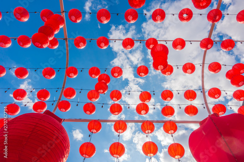 Chinese new year lanterns with blue sky .