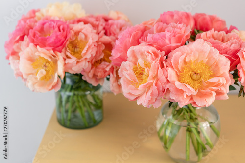 Cozy and atmosphere at home. Two glass vases with Coral peonies. Morning light in the room. Beautiful peony flower for catalog or online store. Floral shop and delivery concept .