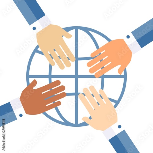 Hands on the globe. International business associations. Flat vector design, white background.