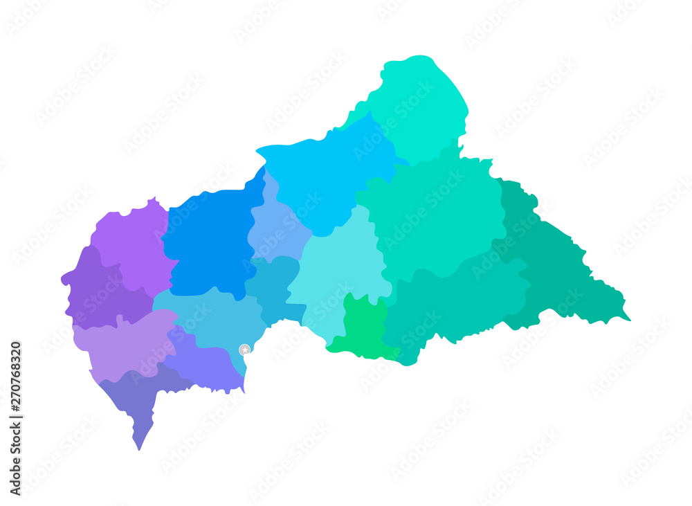 Vector isolated illustration of simplified administrative map of Central African Republic (CAR). Borders of the regions. Multi colored silhouettes