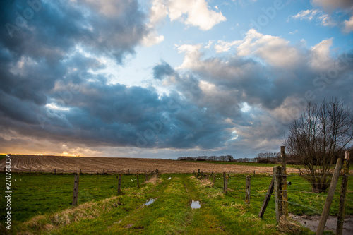 An old dirt road crossing the flemish country side, against a cloudy sky. East-Flanders on a late winter afternoon.