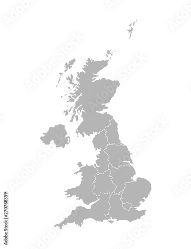 Vector isolated illustration of simplified administrative map of the United Kingdom of Great Britain and Northern Ireland. Borders of the provinces regions. Grey silhouettes. White outline