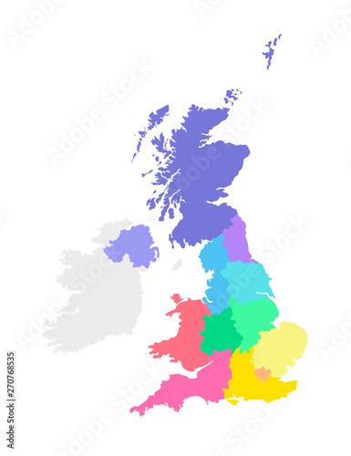Vector isolated illustration of simplified administrative map of the United Kingdom of Great Britain and Northern Ireland. Borders of the regions. Multi colored silhouettes