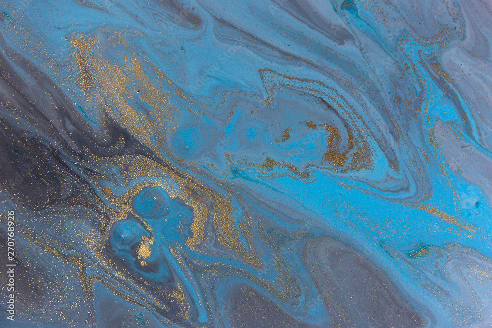 Blue marbling pattern. Golden marble liquid texture.