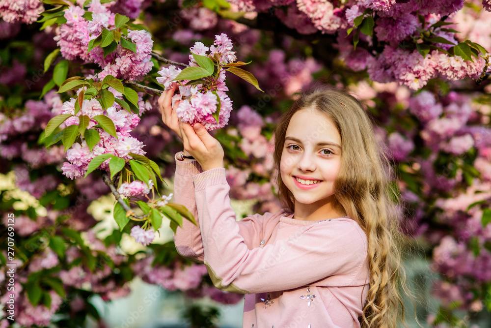 Happy spring vacation. Park and garden. Girl little child in spring flower bloom. Enjoy smell of tender bloom sunny day. Sakura flower concept. Gorgeous flower beauty. Girl cherry flower background Happy spring vacation. Park and garden. Girl little child in spring flower bloom. Enjoy smell of tender bloom sunny day. Sakura flower concept. Gorgeous flower beauty. Girl cherry flower background
