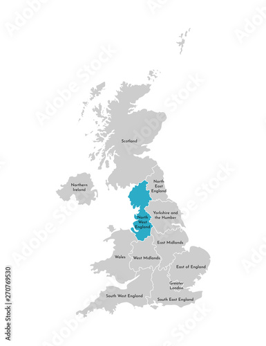 Vector isolated illustration of simplified administrative map of the United Kingdom (UK). Blue shape of North West England. Borders and names of the regions. Grey silhouettes. White outline photo