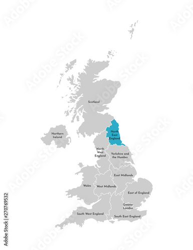 Vector isolated illustration of simplified administrative map of the United Kingdom (UK). Blue shape of North East England. Borders and names of the regions. Grey silhouettes. White outline