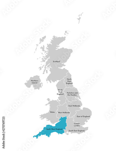 Vector isolated illustration of simplified administrative map of the United Kingdom (UK). Blue shape of South West England. Borders and names of the regions. Grey silhouettes. White outline