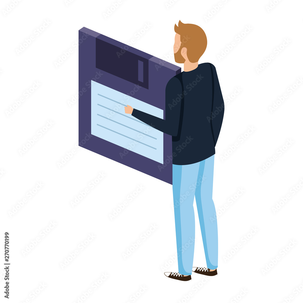 young man lifting floppy disk data storage young man lifting floppy disk data storage