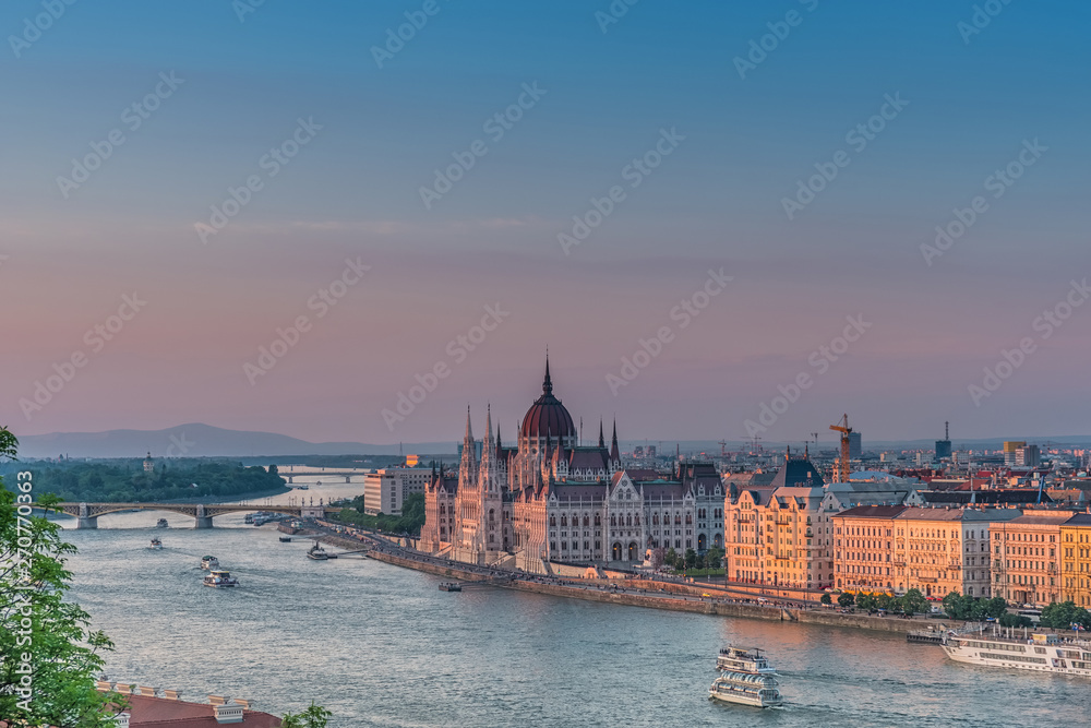 Panorama of Budapest at sunset. Hungarian landmarks