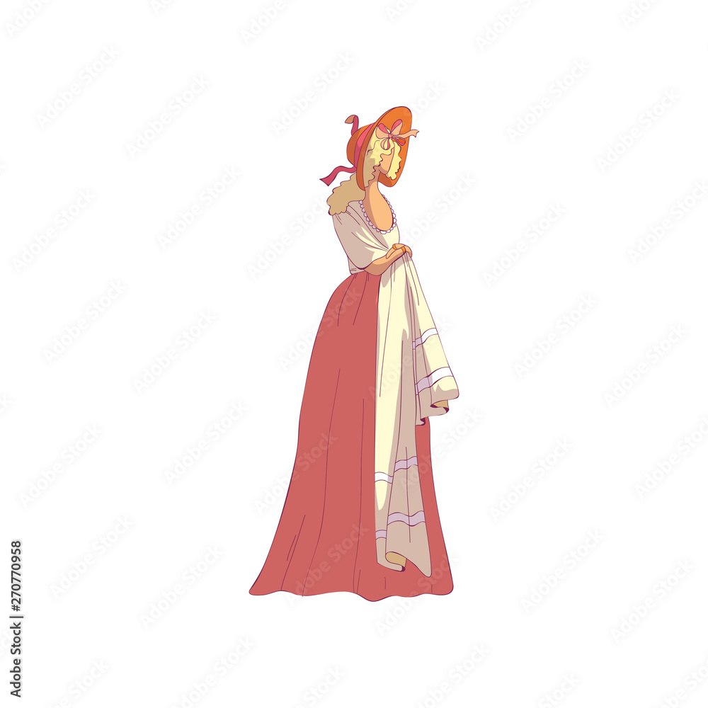 Blond woman in a long old-fashioned skirt and a hood. Vector illustration on white background.