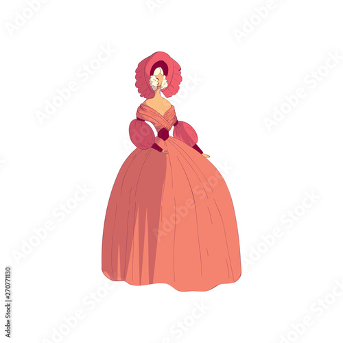 Gray-haired lady in a lush pink dress. Vector illustration on white background.