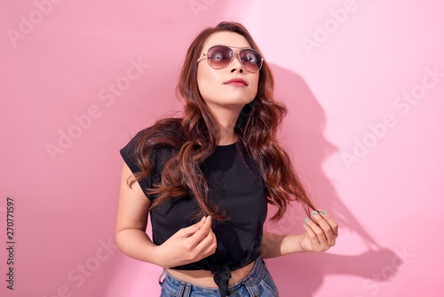 stylish lady in casual summer clothes and glasses.