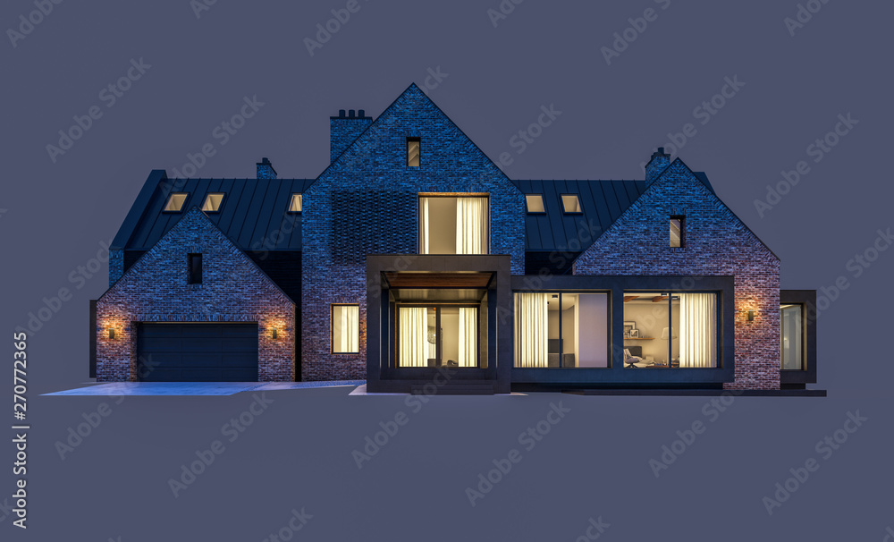 3d rendering of modern clinker house on the ponds with pool in night isolated on gray