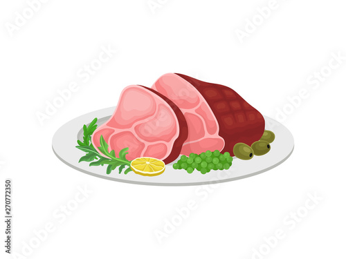 Large slice of ham with lemon and olives. Vector illustration on white background.