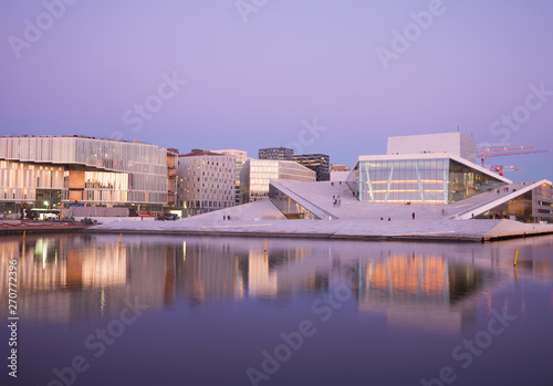 Oslo's new city part with the Opera and Library reflecing in the sea in the eveningæ' twilight