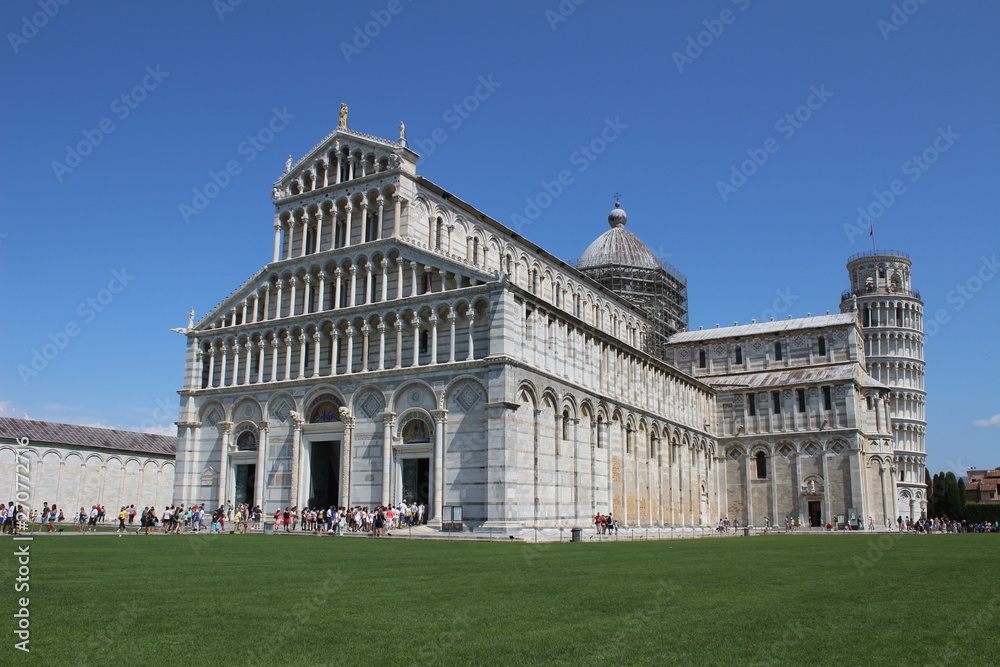 View Of Santa Maria Assunta Cathedral and Pisa Tower in Piazza dei Miracoli Pisa, Tuscany, Italy