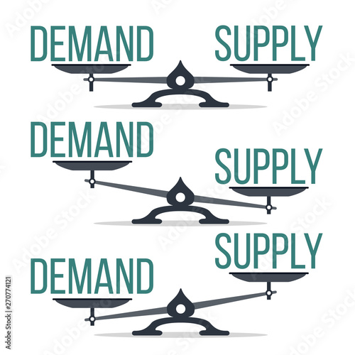 Demand And Supply Balance On Scale Set Vector. Imbalance Between Demand And Offer Economic Comparison Collection Concept. Equilibrium And Financial Analysis Flat Cartoon Illustration