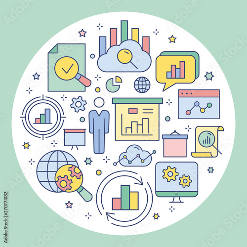 Data analysis circle template flat icons for interface, print.