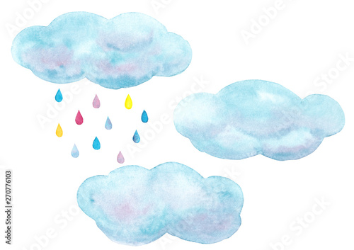 Watercolor hand drawn sky set with  blue clouds and colorful raindrops isolated on white background