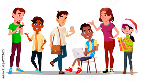 International Character Adolescent Set Vector. Adolescent Sitting On Chair And Holding Laptop, Teenager With Smartphone, Smiling Boy And Young Girl With Christmas Present. Flat Cartoon Illustration