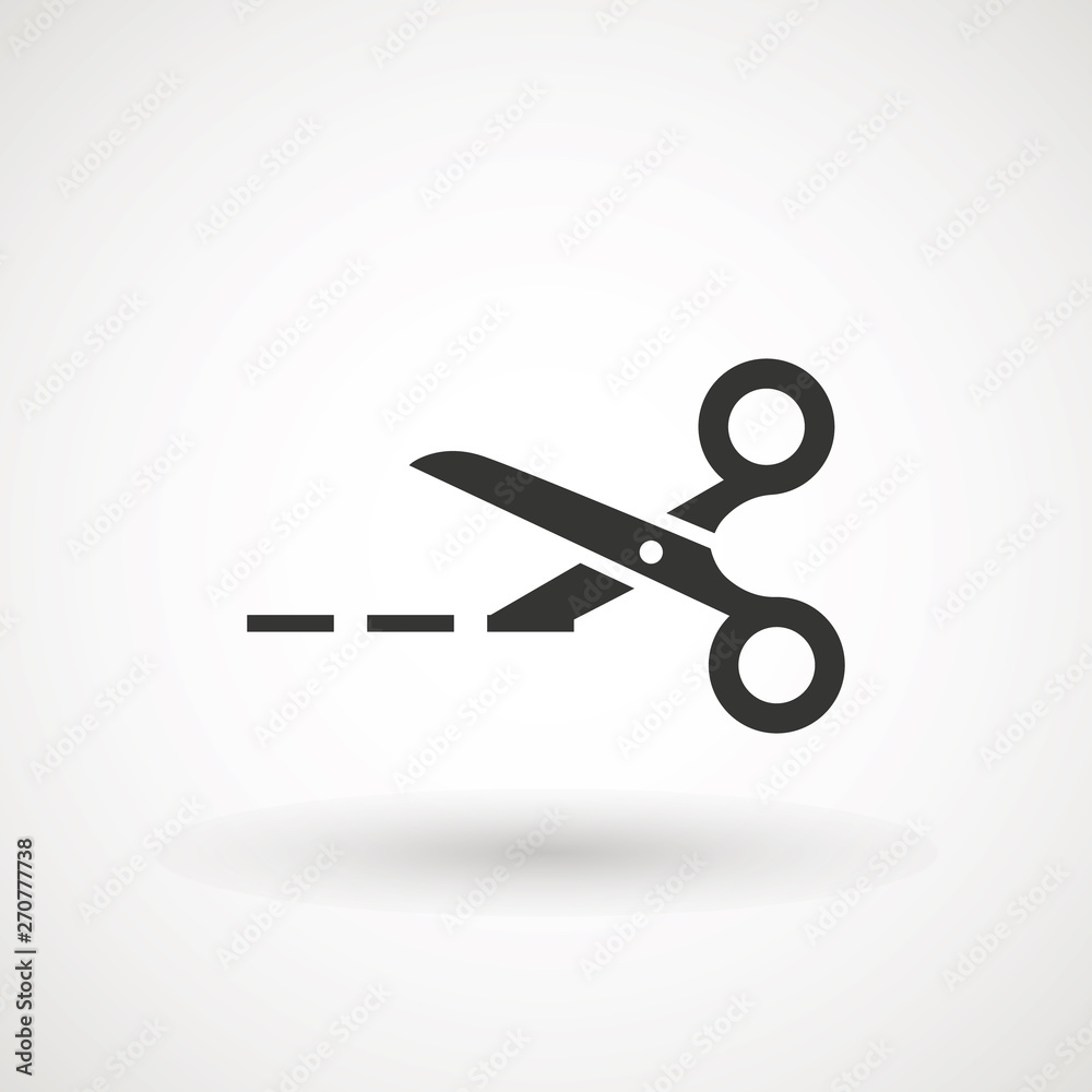 Scissors with cut lines icon. Cutting scissors icon. Vector illustration. Isolated on white background. Web design element. Scissors with cut lines icon. Cutting scissors icon. Vector illustration. Isolated on white background. Web design element.