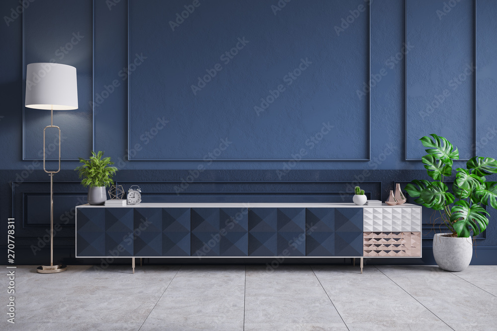 Modern interior of living room,blue Tv cabinet on dark blue wall,3d  rendering ilustración de Stock | Adobe Stock