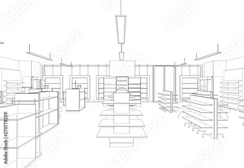 Fototapeta Naklejka Na Ścianę i Meble -  shop, store, contour visualization, 3D illustration, sketch, outline