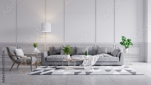 Modern classic interior of living room, gray sofa and marble table on white wall panels and concrete wall,3d rendering
