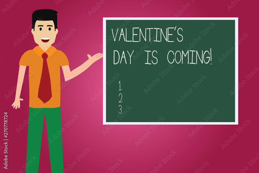 Word writing text Valentine S Is Day Is Coming. Business concept for Roanalysistic season of the year Love celebration Man with Tie Standing Talking Presenting Blank Color Square Board photo Word writing text Valentine S Is Day Is Coming. Business concept for Roanalysistic season of the year Love celebration Man with Tie Standing Talking Presenting Blank Color Square Board photo