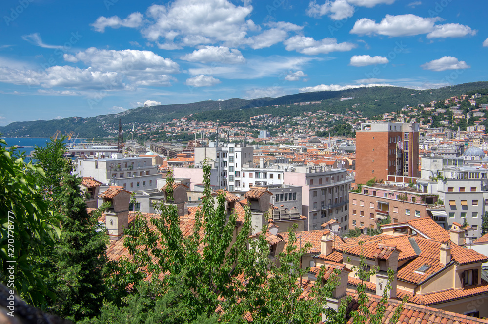 Amazing aerial view to Trieste city. Group of buildings view from fortress. Beautiful sunny day.