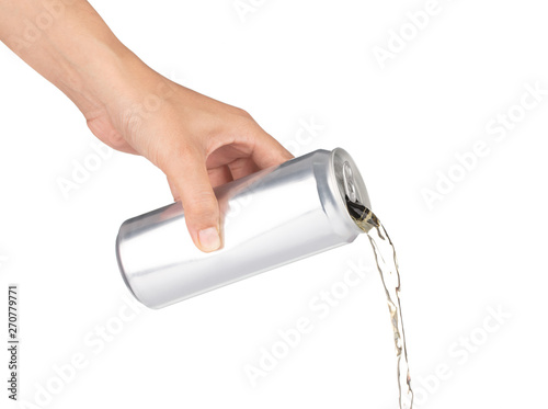 Obraz na plátně Hand pouring beverage from metal can isolated on white background