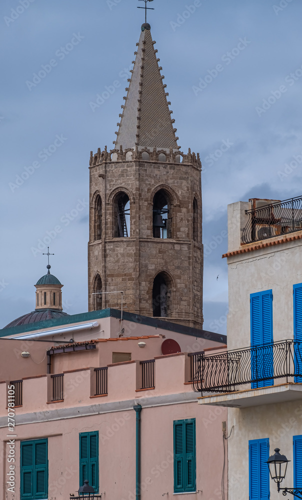 Gothic bell tower of the cathedral of Alghero (L'Alguer), province of Sassari , Sardinia, Italy.