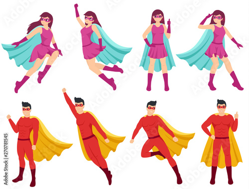Superheroes set. Woman and man are superhero with different poses. Super girl and super guy wearing costumes and capes. Isolated vector illustration