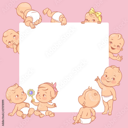 Cute little babies near blank text frame.