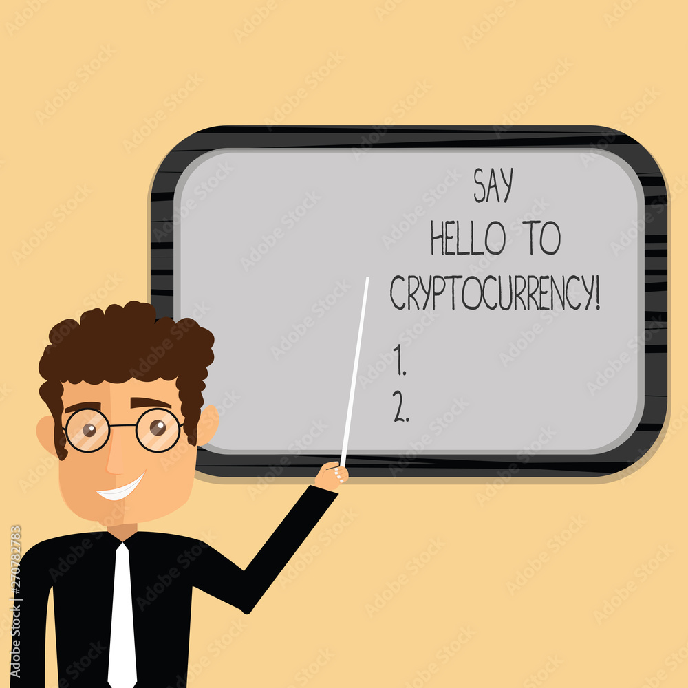 Word writing text Say Hello To Cryptocurrency. Business concept for Introducing decentralized money exchange Man Standing Holding Stick Pointing to Wall Mounted Blank Color Board Word writing text Say Hello To Cryptocurrency. Business concept for Introducing decentralized money exchange Man Standing Holding Stick Pointing to Wall Mounted Blank Color Board