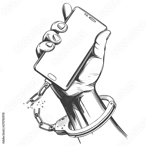 hand handcuffed to a smartphone with a broken chain, release from social media addiction,, digital technology icon hand drawn vector illustration sketch