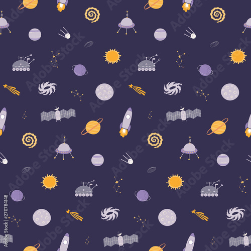 Hand drawn seamless vector pattern with cosmic elements, spaceships, planets, on a dark background. Scandinavian style flat design. Concept for children, textile print, wallpaper, wrapping paper.