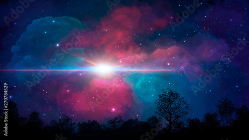Fototapeta Naklejka Na Ścianę i Meble -  Space scene. Colorful nebula with trees silhouette. Elements furnished by NASA. 3D rendering