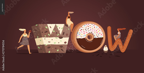Dessert font - modern flat vector concept digital illustration of temptation font, sweet lettering and girls. Caramel, toffee, biscuit, waffle, cookie, cream and chocolate letters. Lettering Wow