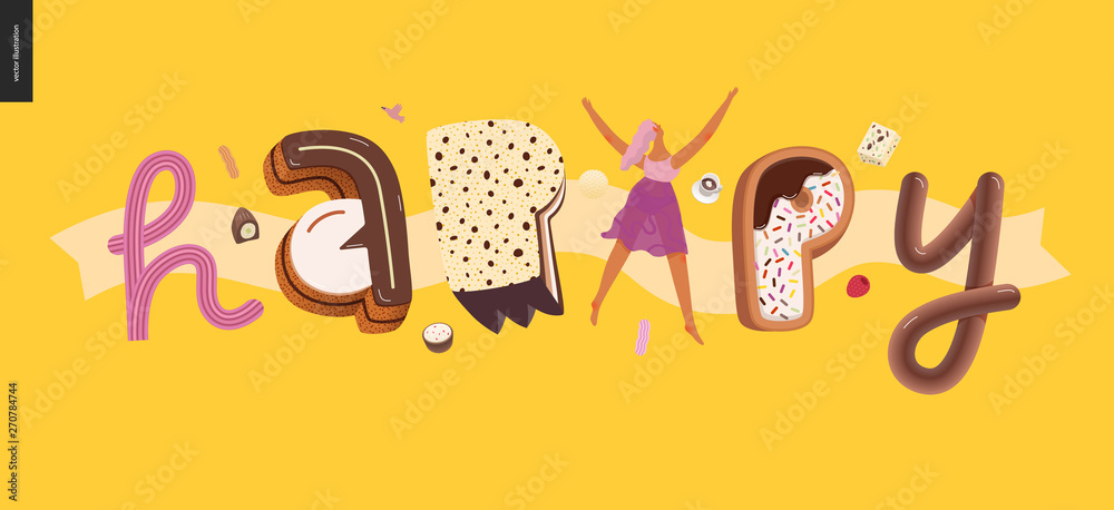 Naklejka premium Dessert lettering - Happy - modern flat vector concept digital illustration of temptation font, sweet lettering and girls. Caramel, toffee, biscuit, waffle, cookie, cream and chocolate letters
