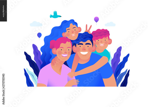 Medical insurance template - a happy family - modern flat vector concept digital illustration of a young family, parents, little son and daughter, embracing together outside, medical insurance concept