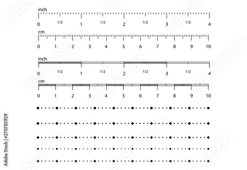 Set of metric abstract, rulers imperial scale with different geometric shapes. Abstract scale for a ruler from geometric shapes. Size indicator units. Measuring scale, markup for rulers.