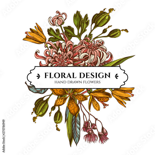 Floral bouquet design with colored japanese chrysanthemum, blackberry lily, eucalyptus flower