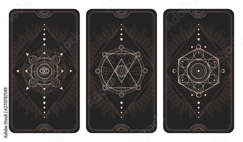 Vector set of three dark backgrounds with geometric symbols, grunge textures and frames.