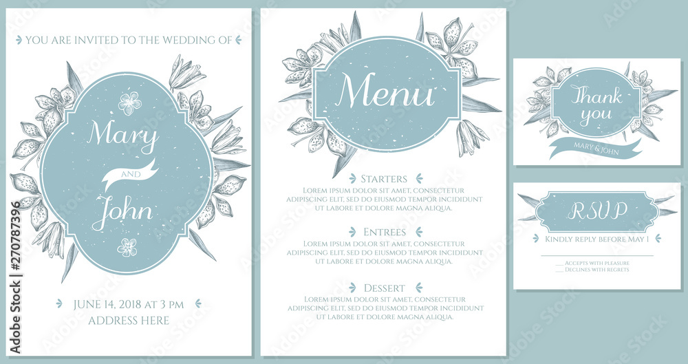 Wedding invitation card with light blue blackberry lily