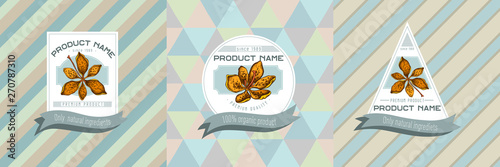 Three colored labels with blackberry lily hand drawn illustration