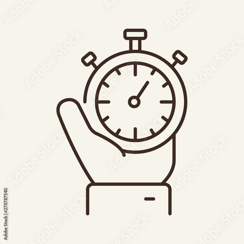 Stopwatch in hand line icon. Timer, watch, chronometer. Start concept. Vector illustration can be used for topics like startup, countdown, deadline, time