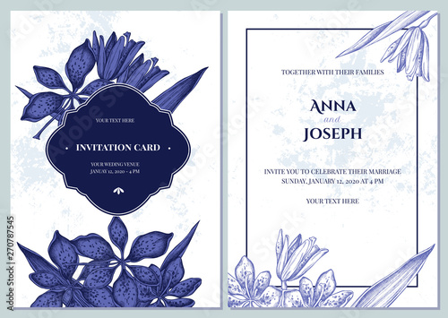 Wedding invitation card with blue and white blackberry lily