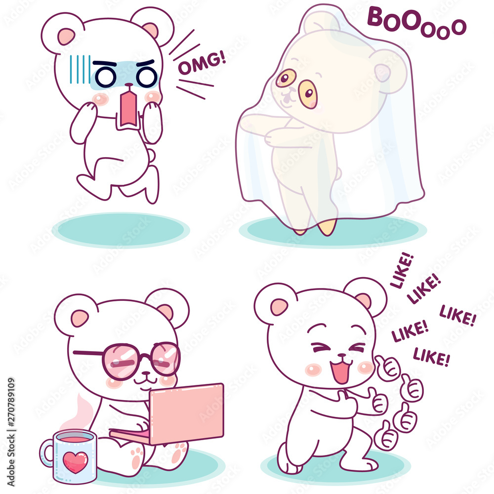 Little cute bear in different expressions and activities
